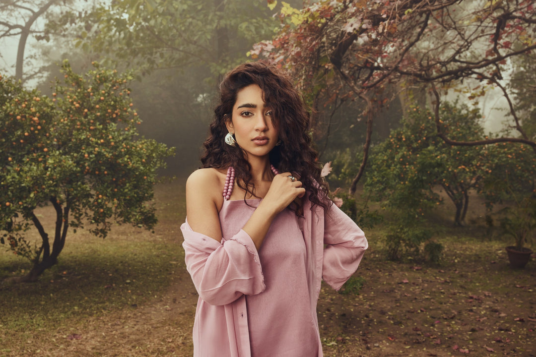 Stardust Dress Set in Rose — sheer longline shirt worn over halter mini dress, outdoor styling