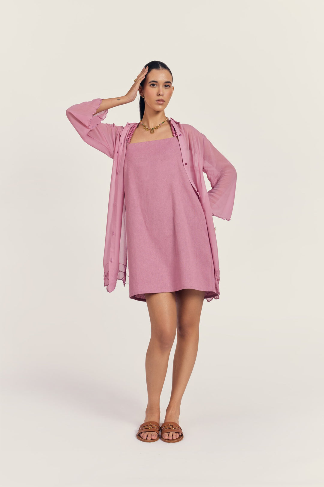 Stardust Dress Set in Rose — front view, Celestial Shirt worn open over Stardust Dress