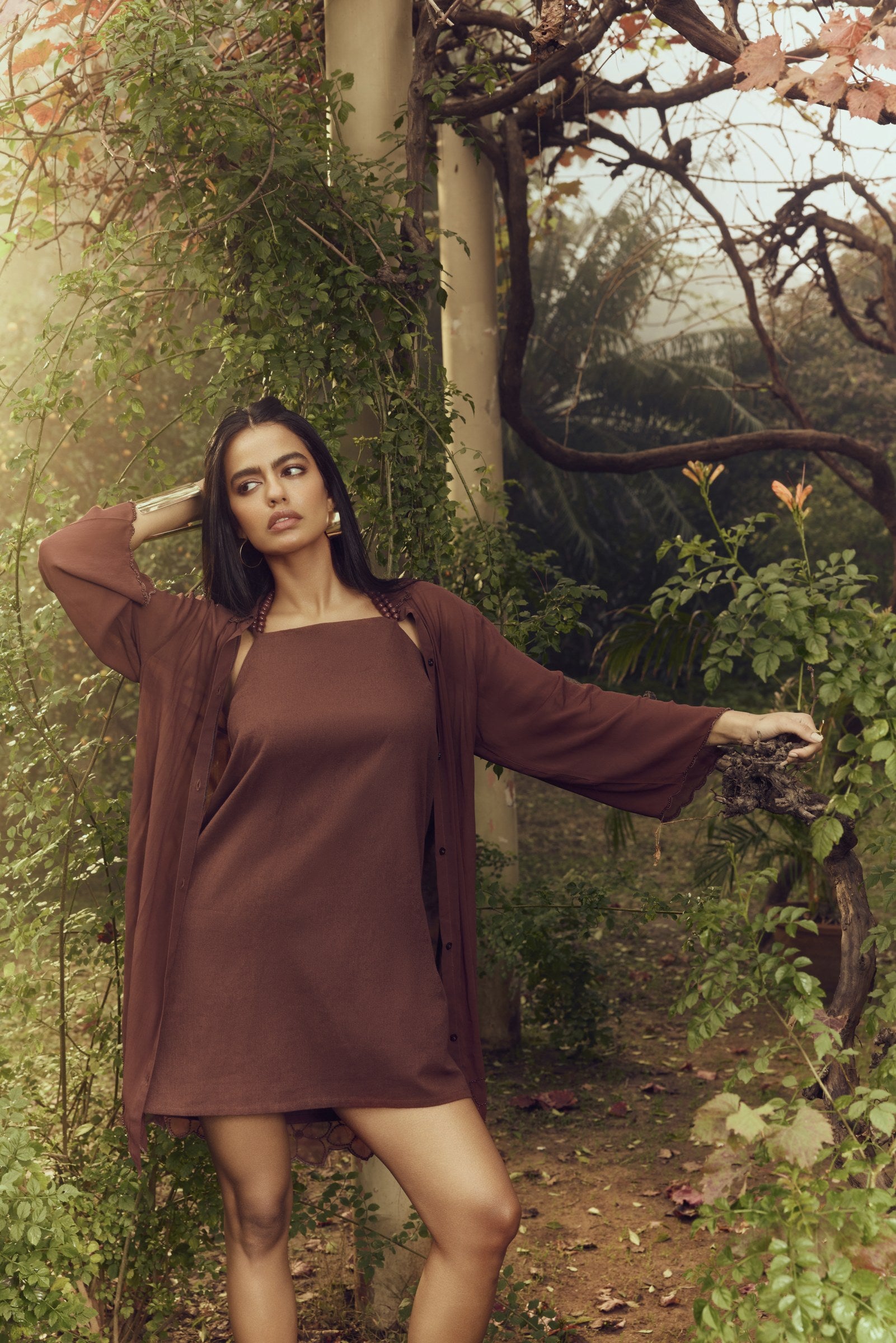 Stardust Dress Set in Ground Coffee — layered dress and shirt, editorial garden look