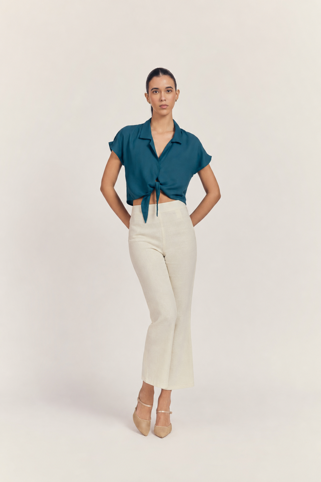 Willow Set in Teal + Ivory — tie-front shirt with high-waisted flared pants, front
